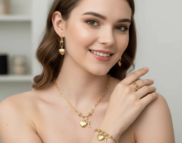 Heart Lock & Key Gold Jewellry Set