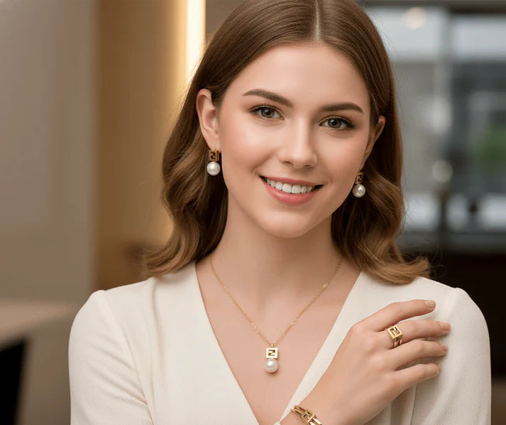 Pearl Drop Square Pendant Jewellery Set